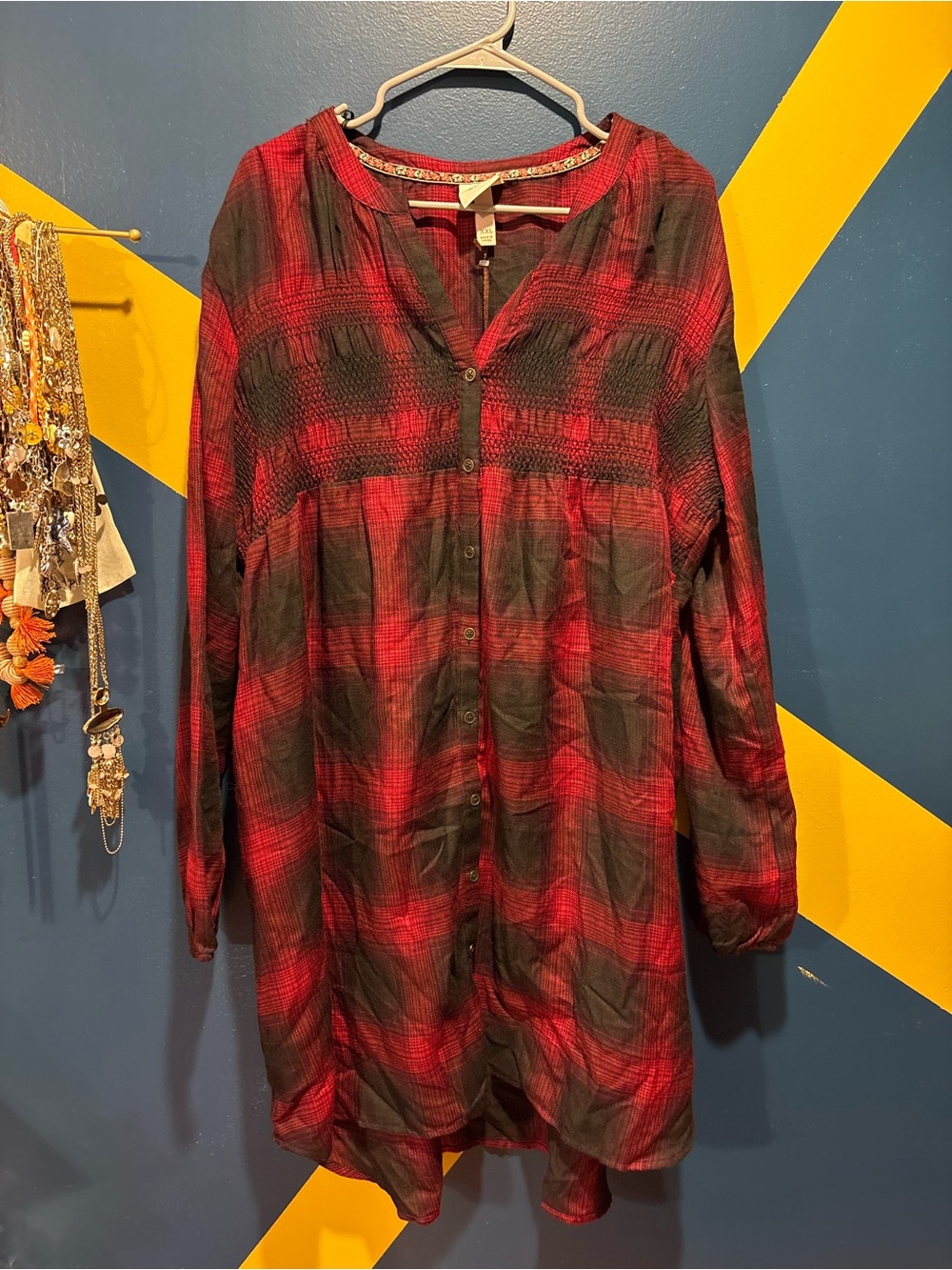 Knox Rose Red & Black Buffalo Plaid Long Sleeve Button Down Midi Dress NWT